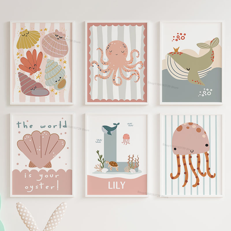 Baby Nursery Name Wall Art - Cartoon Whale Octopus Jellyfish Scallop Custom