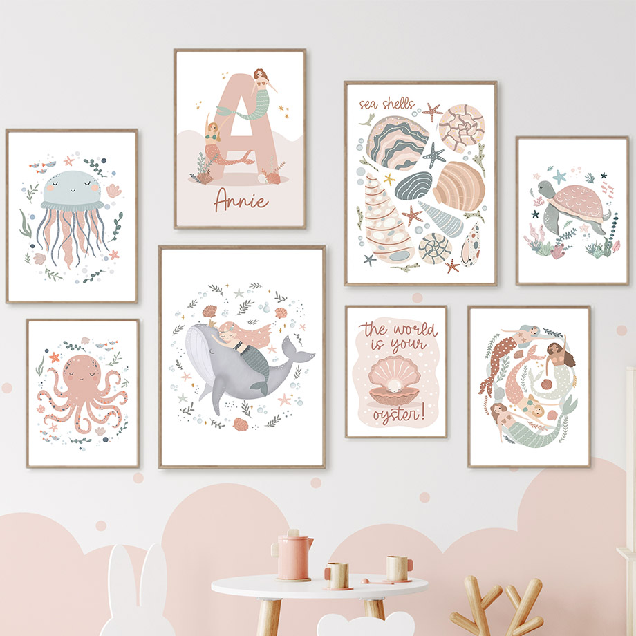 Baby Nursery Name Wall Art - Cartoon Sea Animals Whale Mermaid Custom