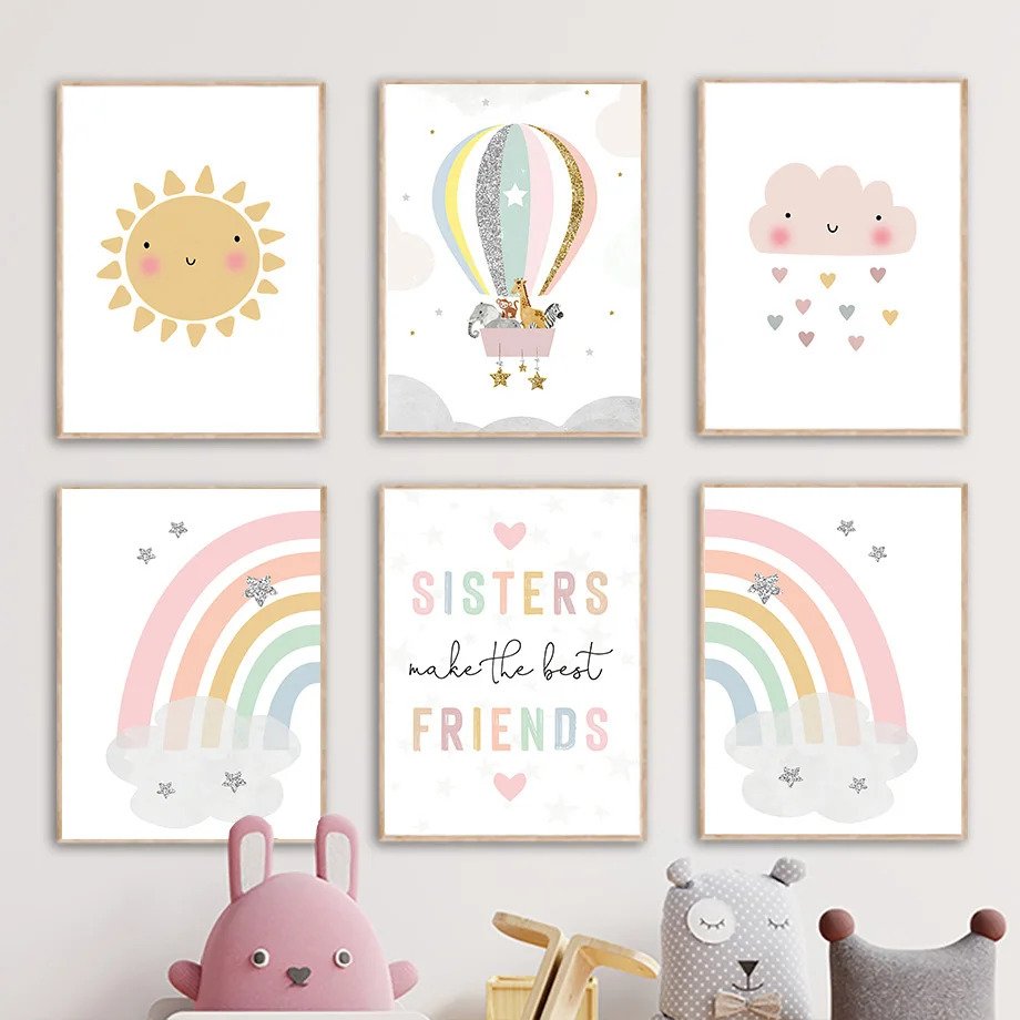 Baby Nursery Name Wall Art - Giraffe Elephant Hot Balloon Sun Rainbow