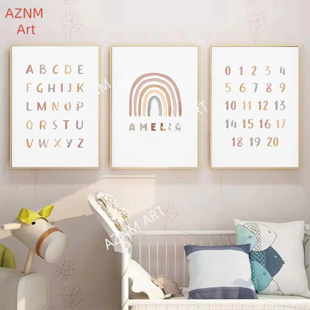 Baby Nursery Name Wall Art - 1/3PCS ，Poster Custom ABC 123 Rainbow
