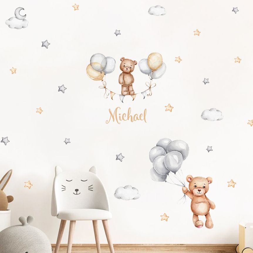 Baby Nursery Murals - Custom Baby Name Bear Balloons Flags