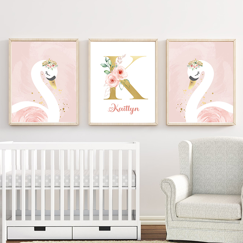 Baby Nursery Name Wall Art - Pink Crown Swan Golden Customized Baby