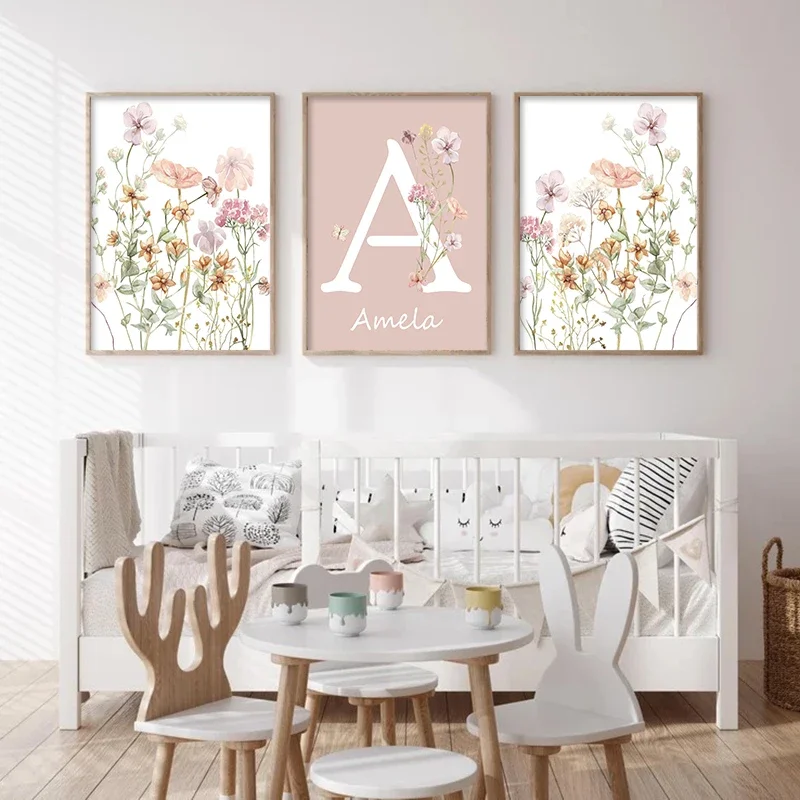 Baby Nursery Name Wall Art - Pink Wildflowers Girls Names Custom Posters