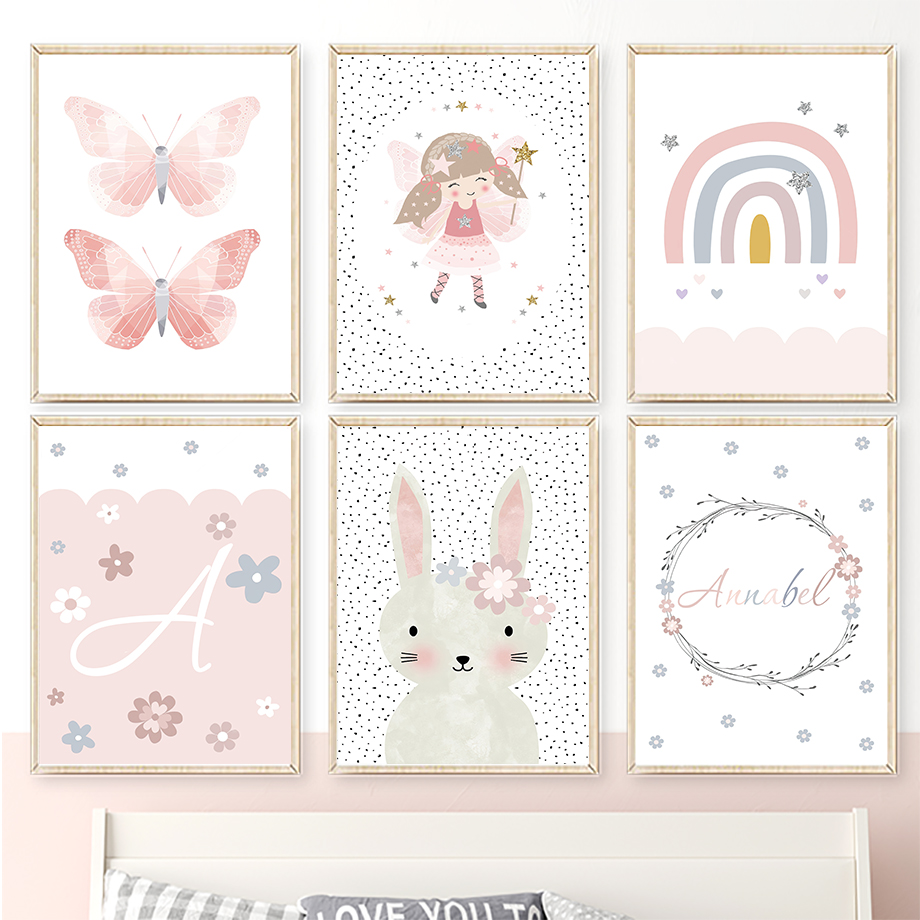 Baby Nursery Fabric - Cute Girl Rabbit Flower Butterfly Rainbow