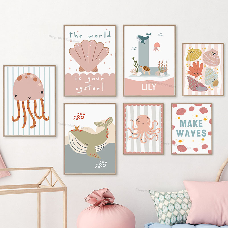 Cartoon Whale Octopus Jellyfis - Baby Nursery Name Wall Art review and price