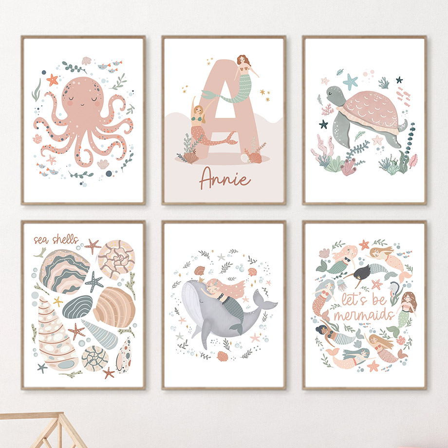 Cartoon Sea Animals Whale Merm - Baby Nursery Name Wall Art review and price