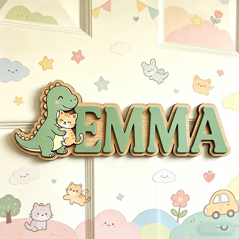 Cute Dinosaur Hugging Cat Cust - Baby Nursery Name Wall Art review and price