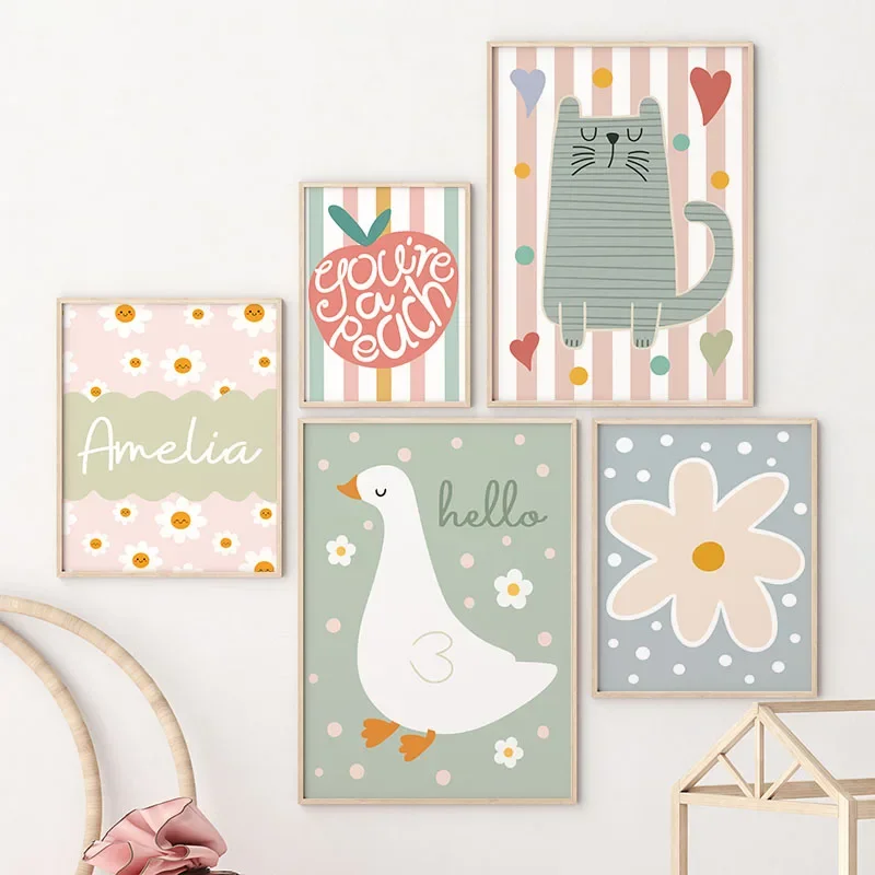 Cartoon Cat Duck Bird Apple Cu - Baby Nursery Name Wall Art review and price