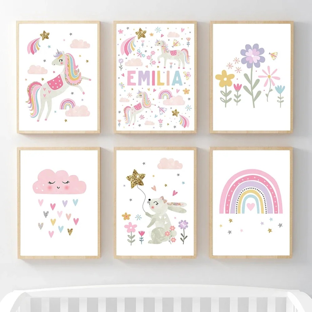 Pink Unicorn Rabbit Rainbow Cl - Baby Nursery Name Wall Art review and price